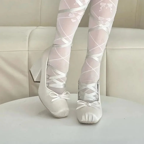 Elegant Chunky Heels Lolita Pumps for Women - Lace-Up Ballet Style Single Shoes for Spring and Autumn Parties, Fashionable French-Inspired Footwear with Square Toe and Super High Heel